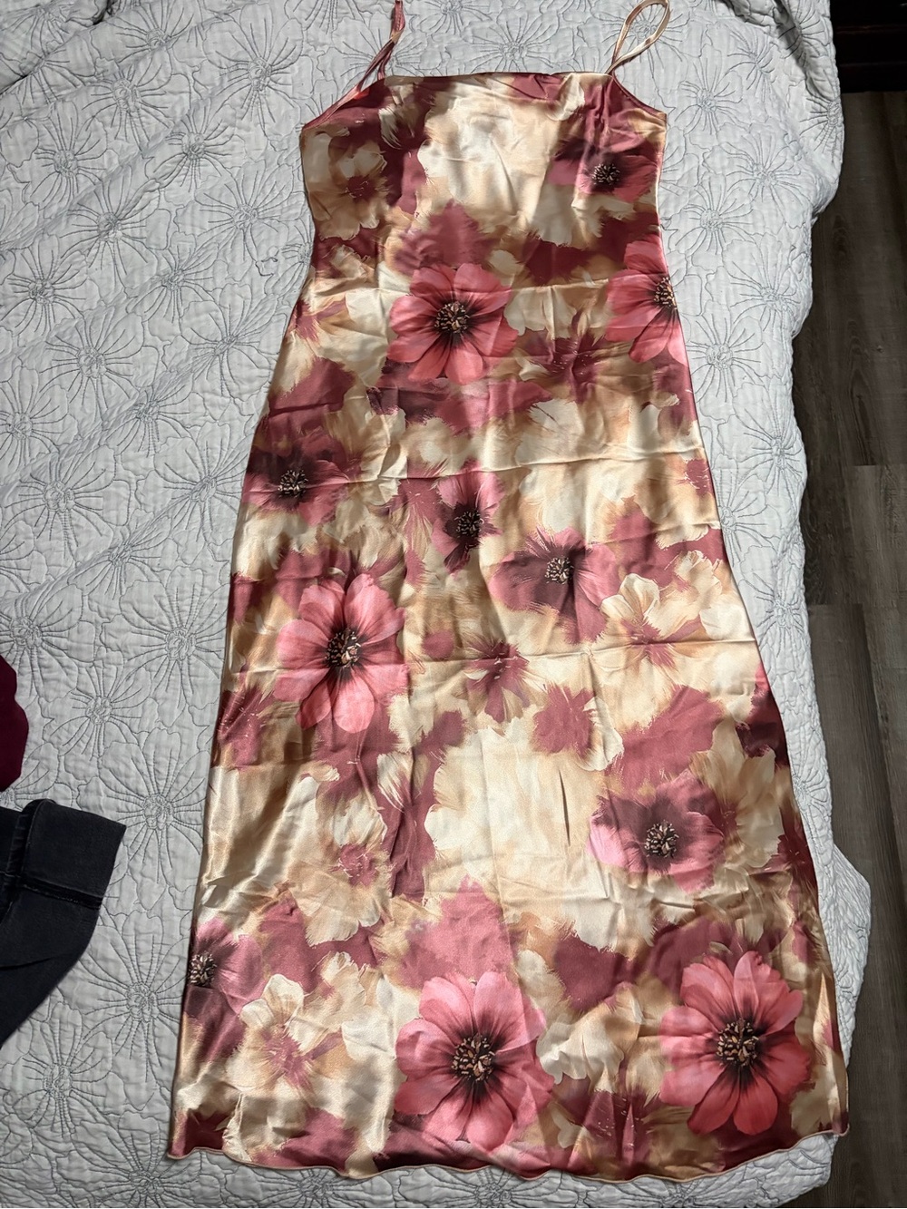 bebe Pink and Cream Floral Satin Maxi Slip Dress